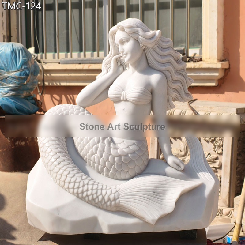 White Stone Mermaid Statue for Pool Decor TMC-124 detail image