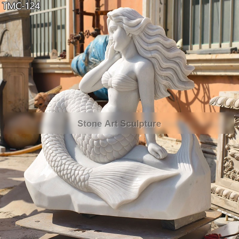 White Stone Mermaid Statue for Pool Decor TMC-124 detail image