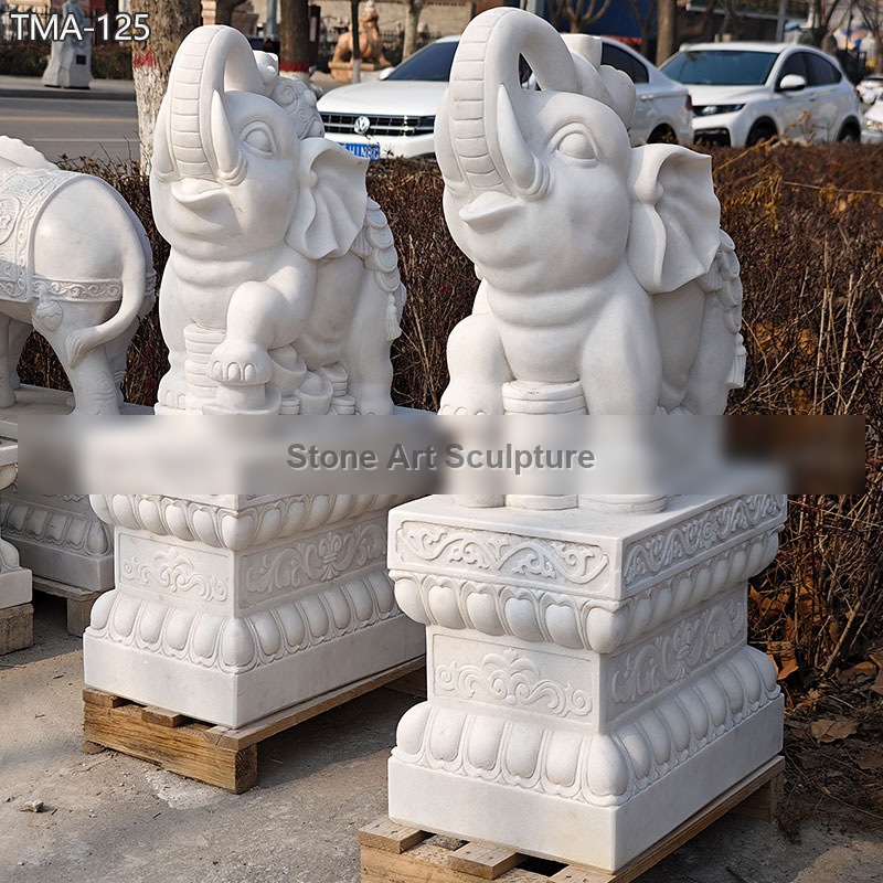White Elephant Statue with Trunk up in Marble TMA-125 detail image