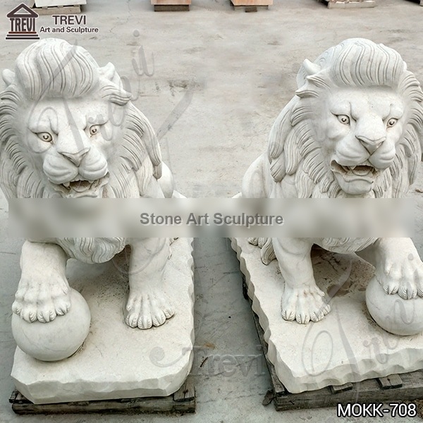 Marble Sitting Lion Statue with Paw on Ball for Sale MOKK-708
