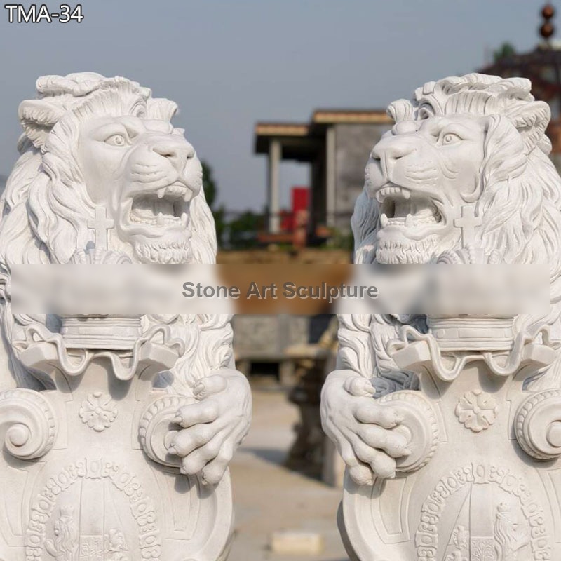 Pair of White Marble King Lion Statue with Shield TMA-34 detail image