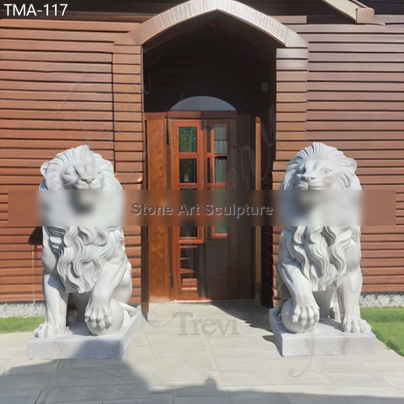 White Marble Lion Statue with Ball for Front Porch on Sale detail image