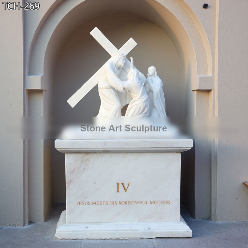 Station IV | Jesus Meets His Mother Marble Statue detail image