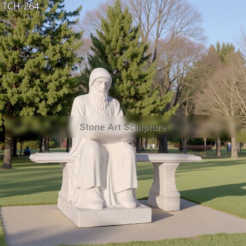 Marble St Charbel Statue Sitting on Bench for Garden TCH-246
