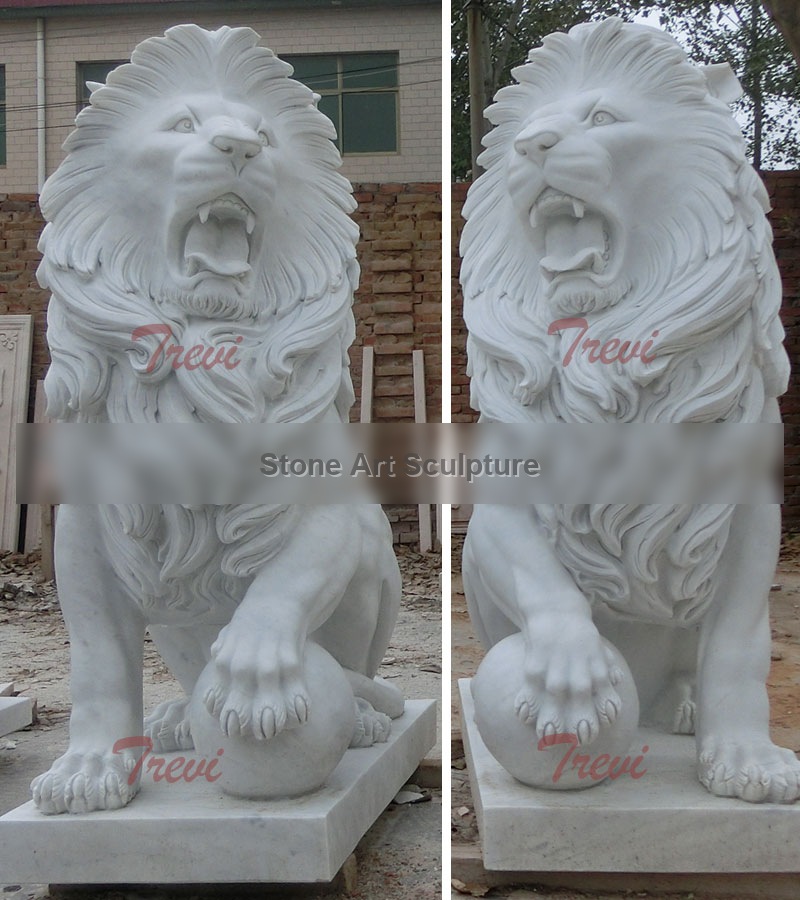 Outdoor White Marble Sitting Lion with Paw on Ball for Front Porch Sale TMA-12 detail image