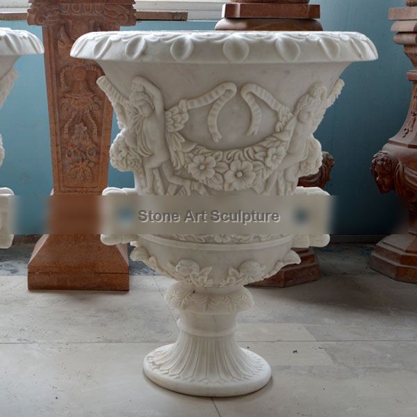 White marble carving flower pots for outdoor entrance of the home garden TMP-014