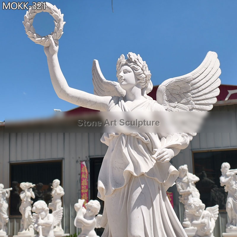 Outdoor White Marble Female Angel Statue Holding Wreath MOKK-321 detail image