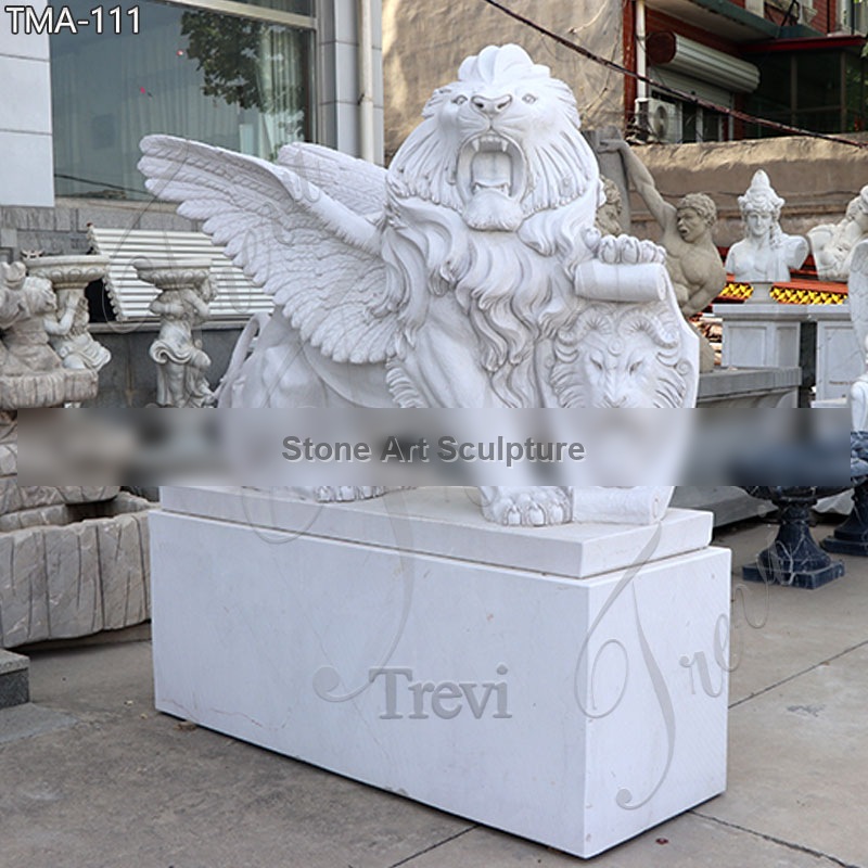 Life-Size Marble Winged Lion Statue with Shield for Front Porch TMA-111 detail image