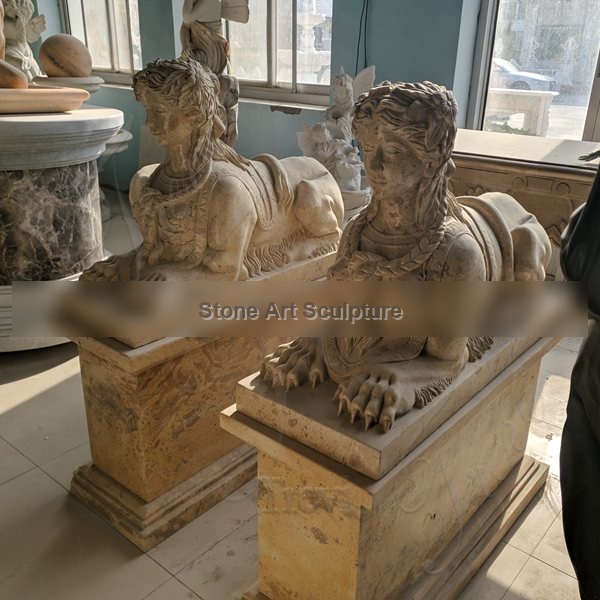 Pair of Antique Yellow Sphinx Marble Statues for Sale MOKK-595