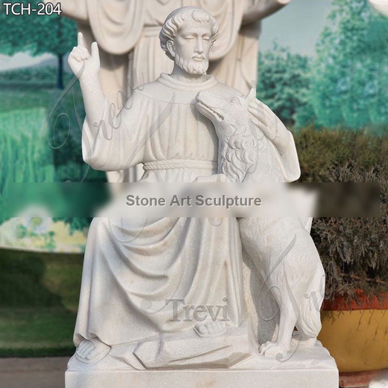 Marble Saint St. Francis of Assisi Statue with Wolf for Sale TCH-204 detail image