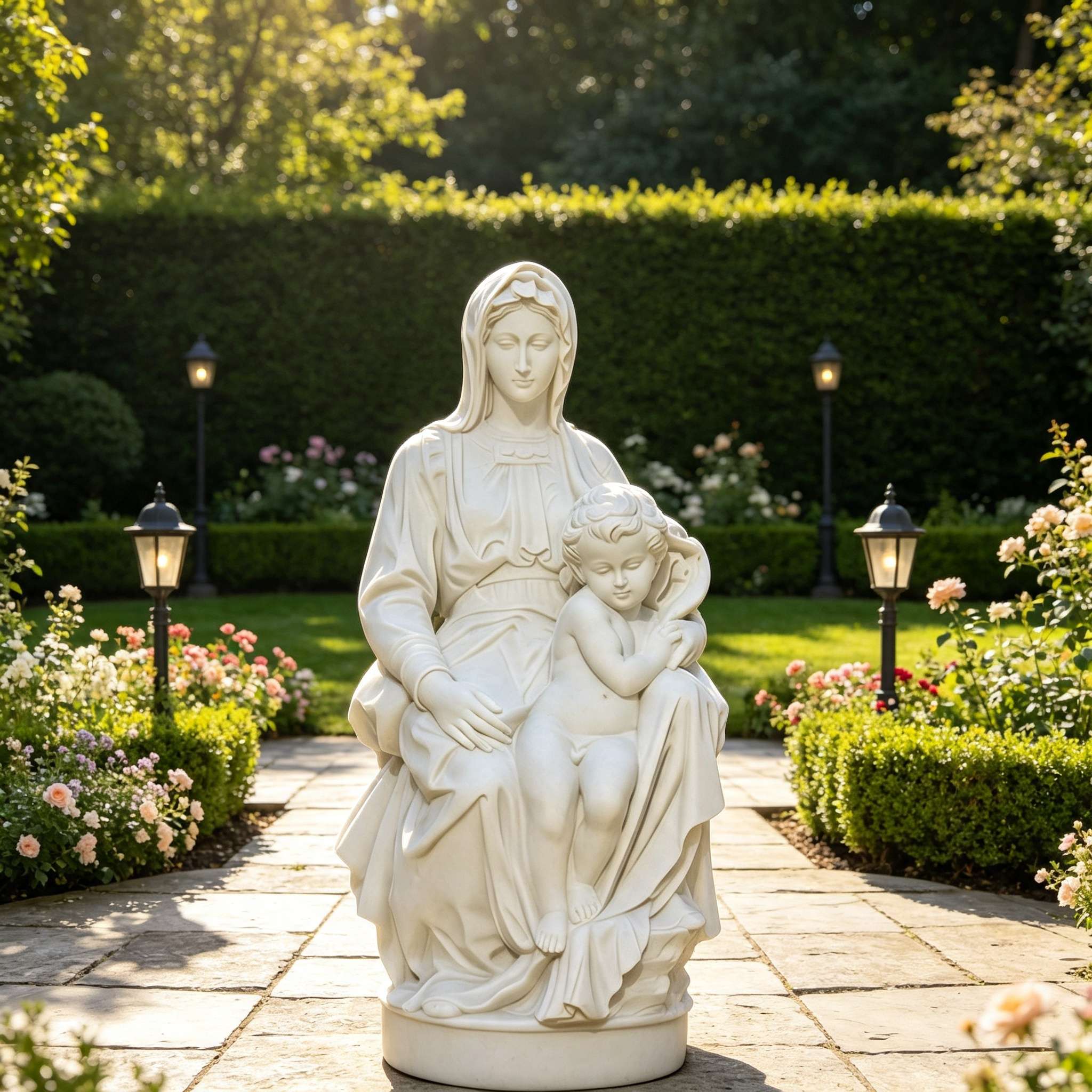 White Marble Virgin Mary With Baby Jesus Statue-SAS-21525