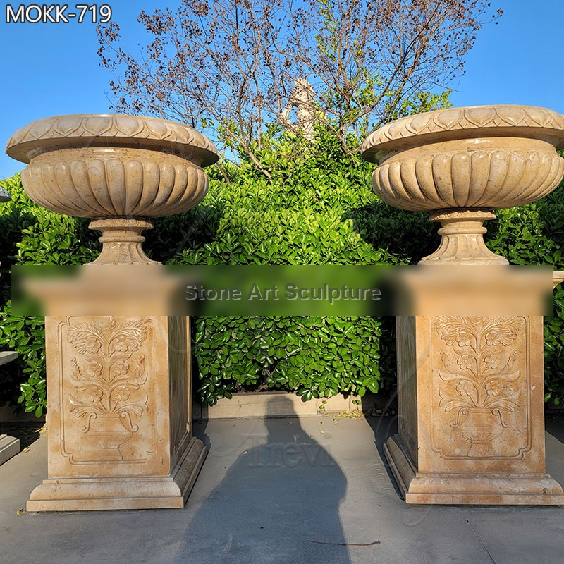 Wholesale Beige Marble Flower Pots Antique Style Garden Decor MOKK-719