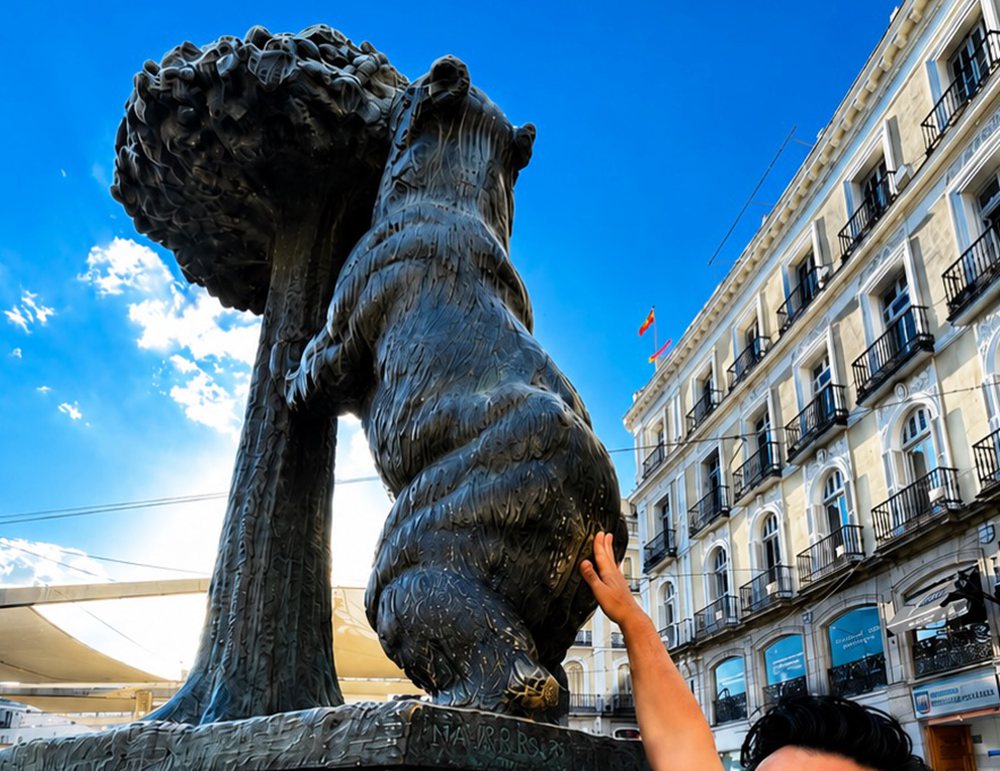 Touching the lucky bronze bear statue in Madrid for good luck