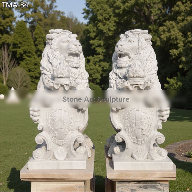 Pair of White Marble King Lion Statue with Shield TMA-34