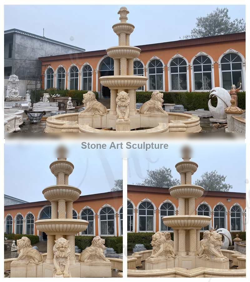 Classic Beige Marble Water Lion Fountain for Sale MOKK-683 detail image