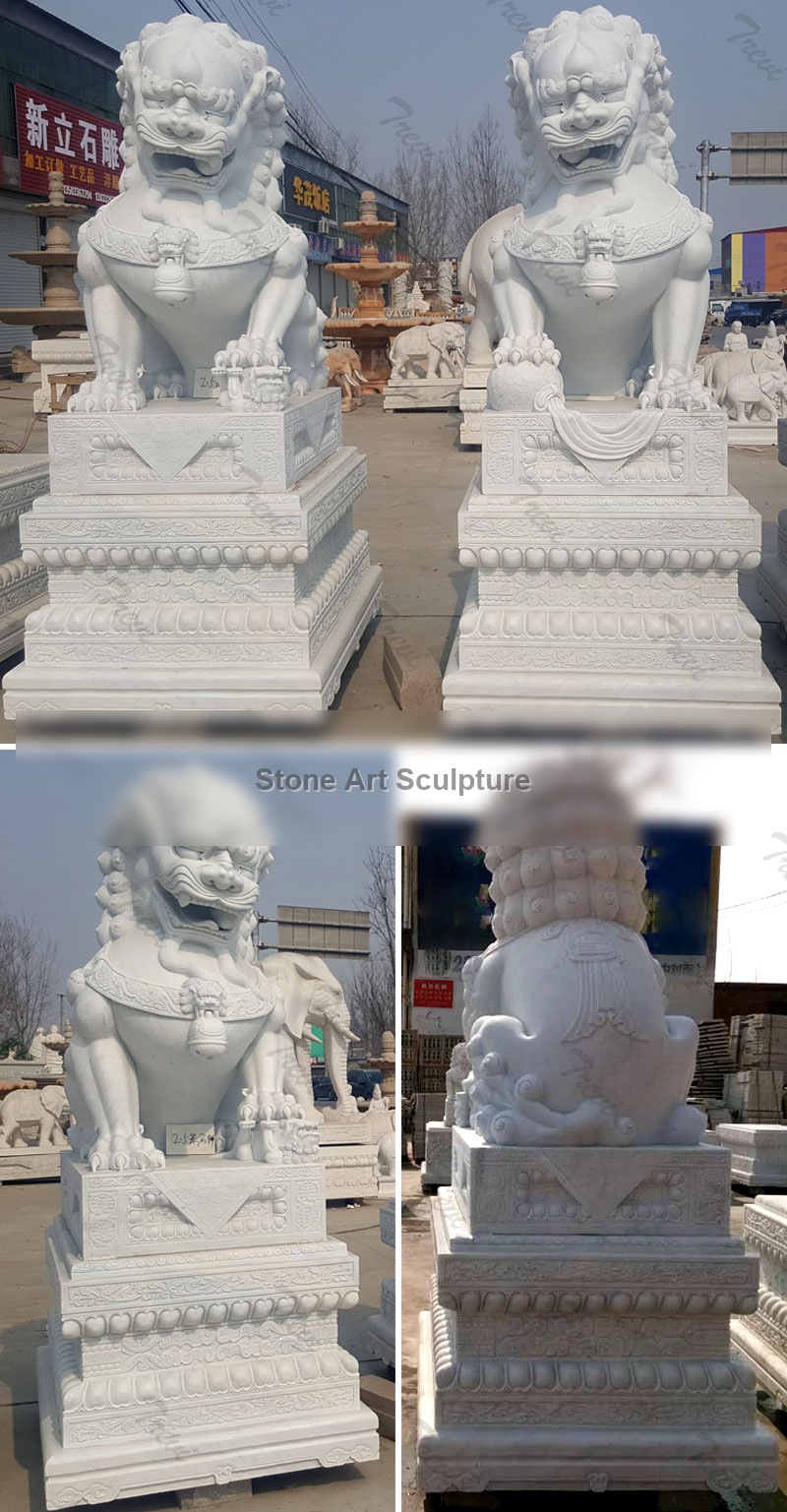 Carved stone lion guardians fu dog pair with base in front of house TMA-100 detail image