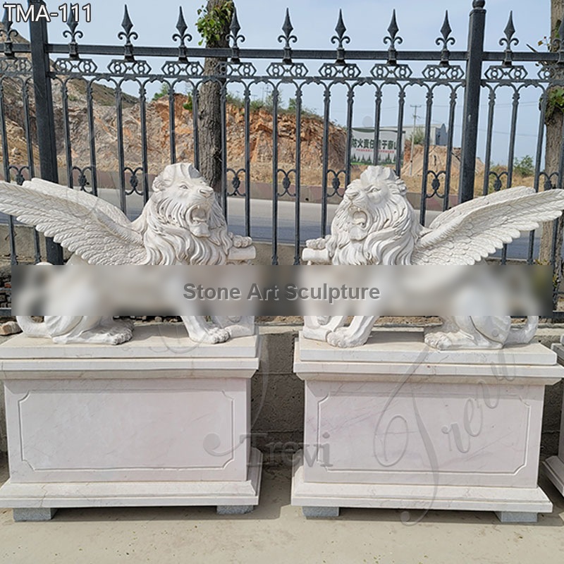 Life-Size Marble Winged Lion Statue with Shield for Front Porch TMA-111 detail image