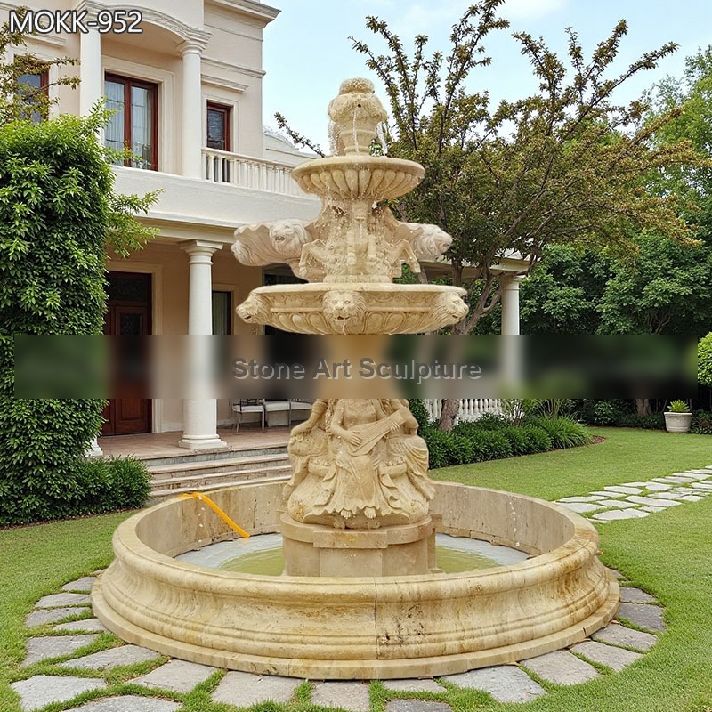 Tan Color Stone Marble Water Fountain Lady with Horse and Lion Head MOKK-952