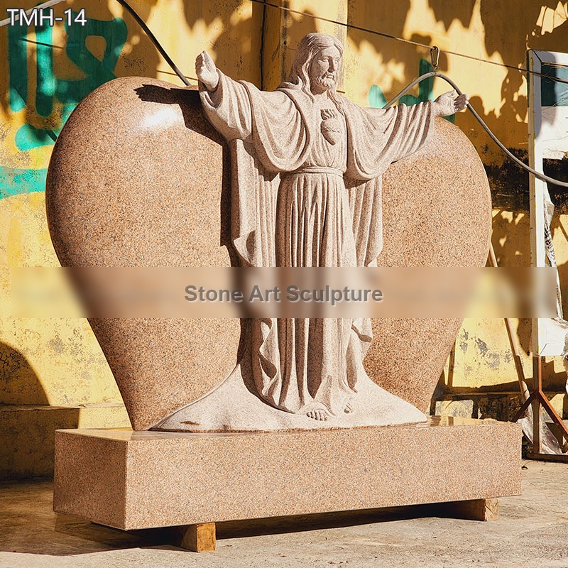 Red Granite Jesus Statue Heart-Shaped Tombstone TMH-14 detail image