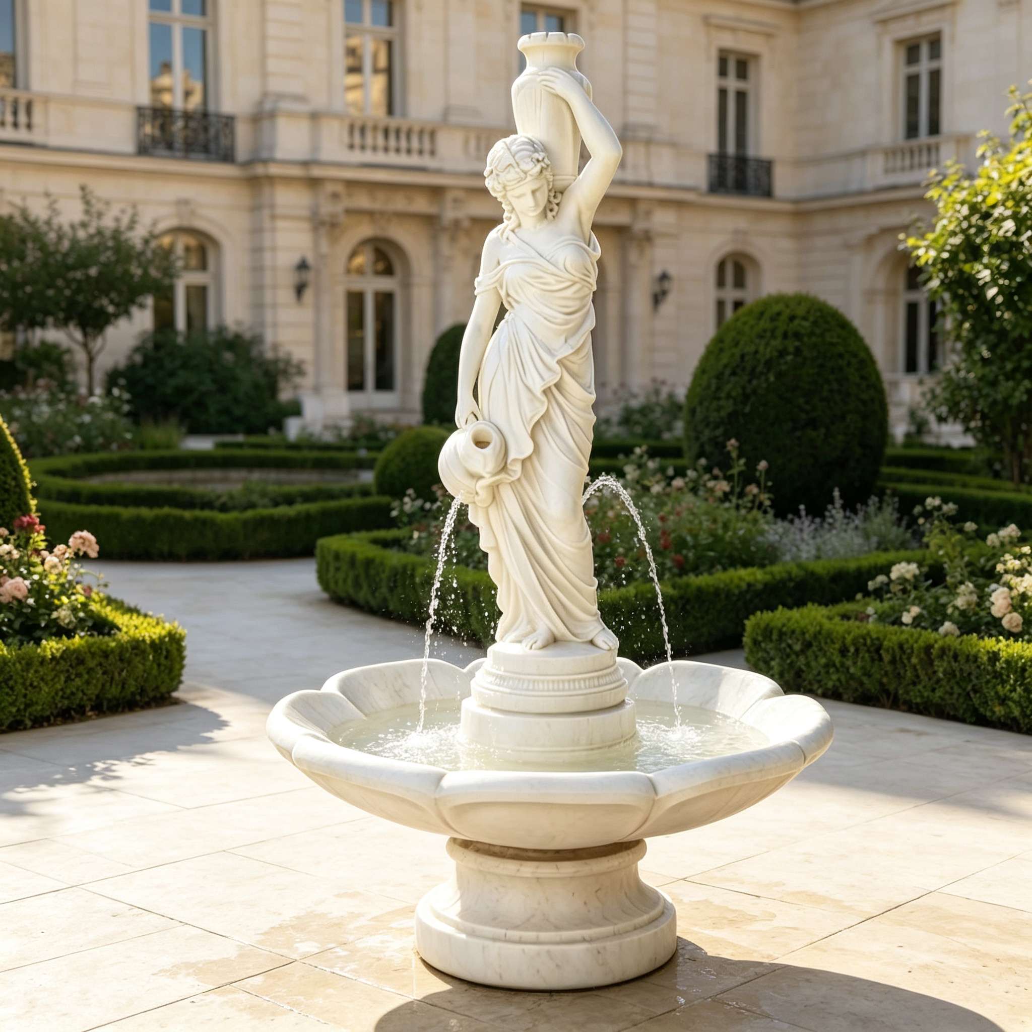 White Marble Lady Statue Garden Water Fountain Hand Carved European Stone Fountain-SAS-101144
