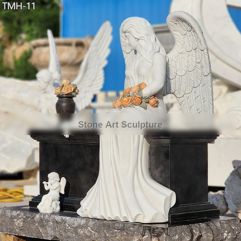 Angel with Granite Bench Headstone Memorial detail image
