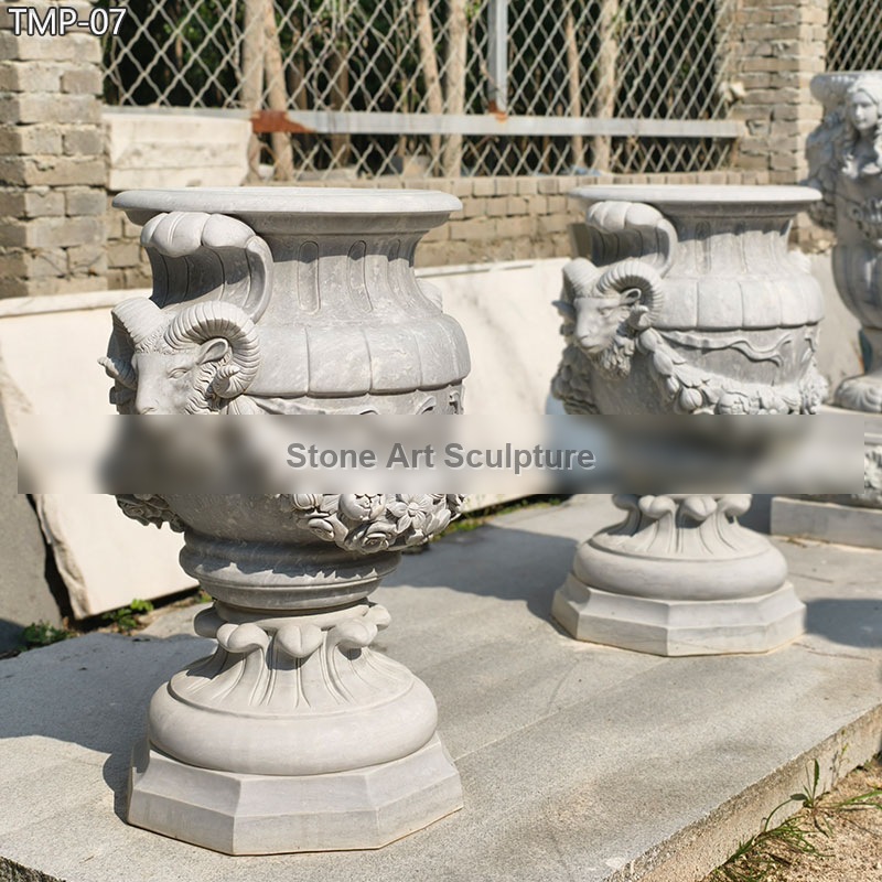 Large White Marble Planter with Goat Relief TMP-07 detail image