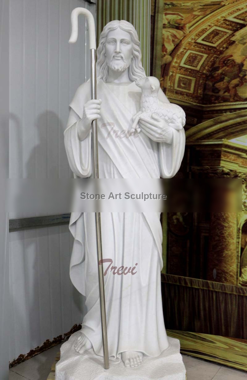 Outdoor Religious Garden Statues of Good Shepherd Jesus Hold Lamb Designs for Sale TCH-201 detail image
