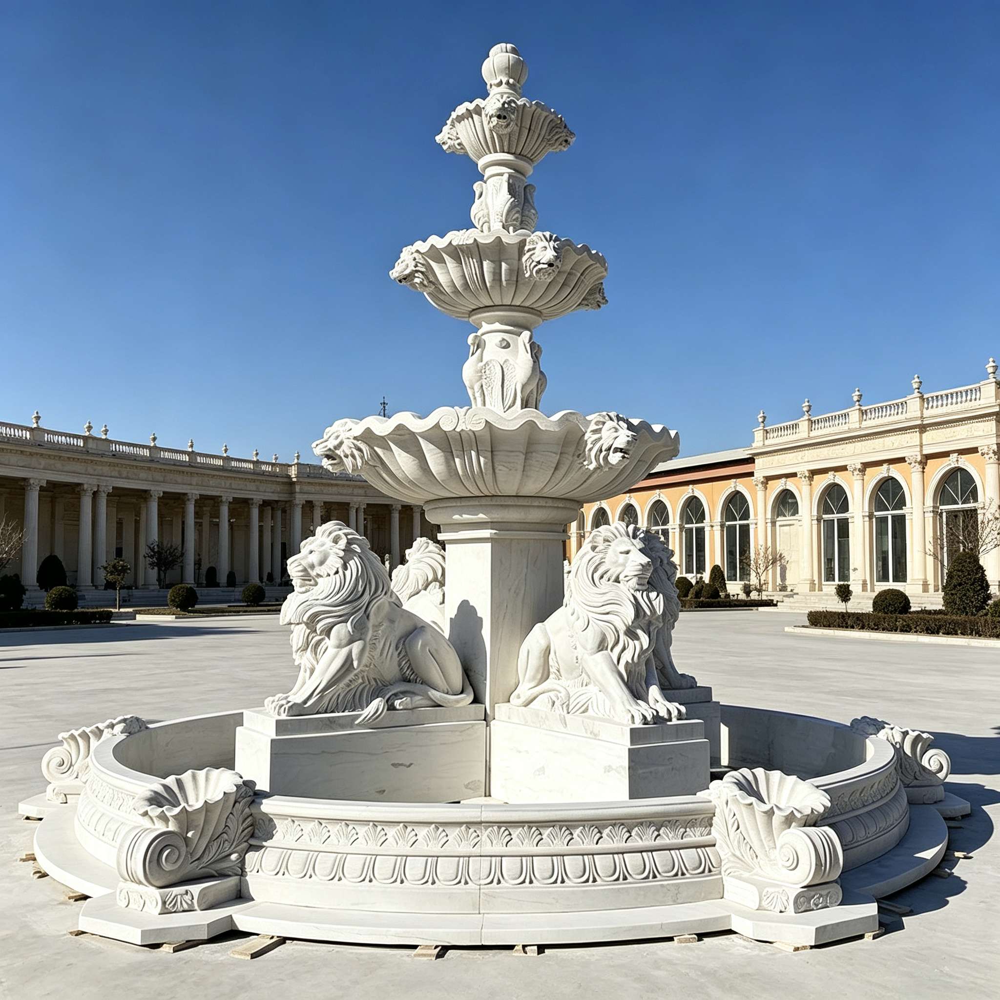 White Marble 3 Tier Lion Statue Outdoor Stone Fountain-SAS-101146