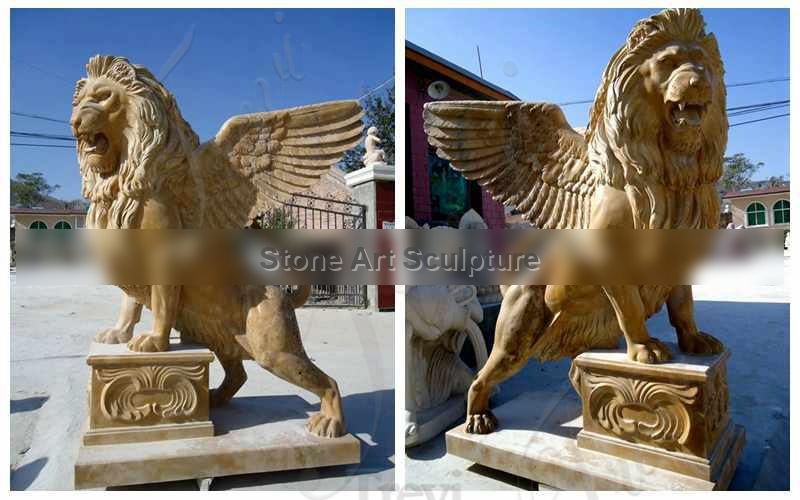 Western Beige Marble Standing Winged Lion Sculpture for Sale MOKK-607 detail image