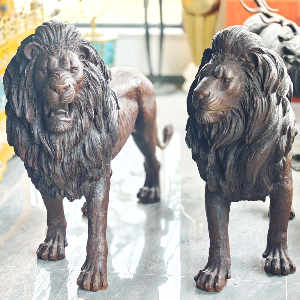 bronze wildlife Standing Lion Statue Brown Patina Replica