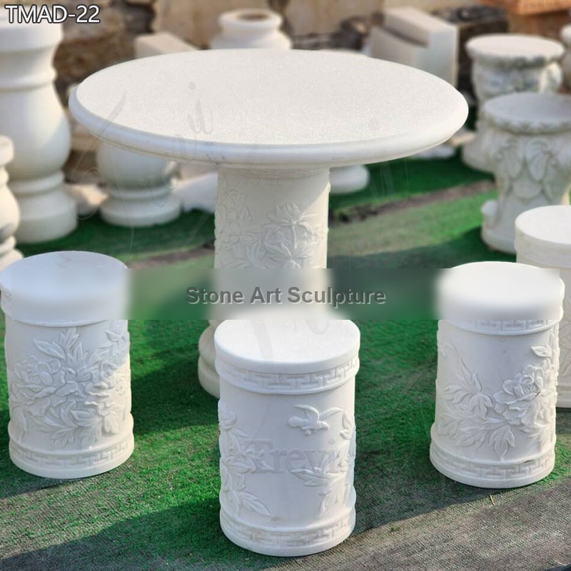 White Marble Outdoor Table with Benches Set for Garden detail image