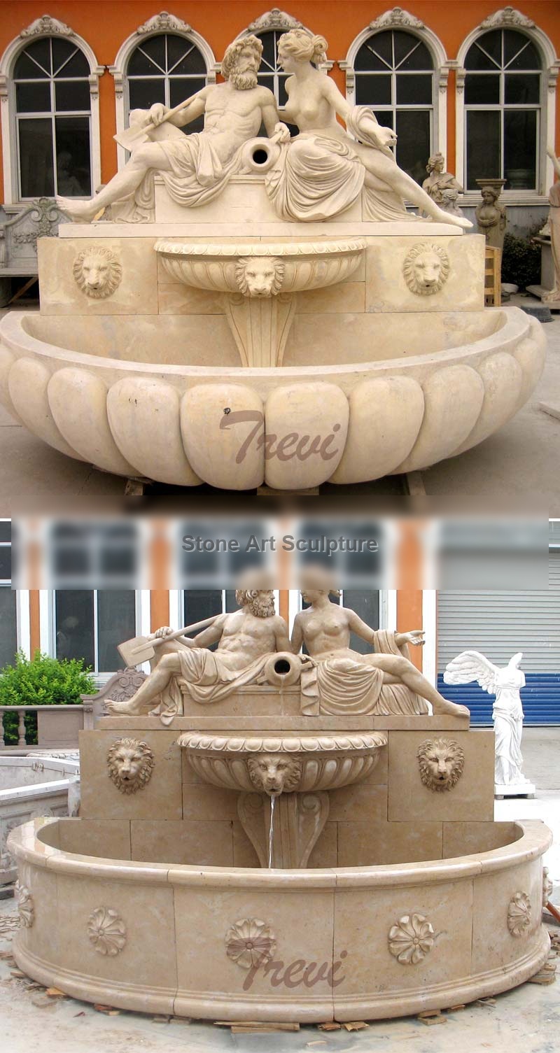 Lion head marble water wall fountain with nude man and woman statues outdoor garden MOKK-13 detail image