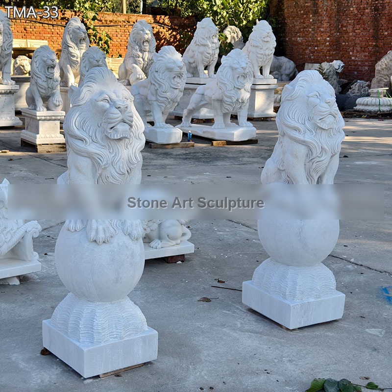 Pair of Sitting Lions Statue on Ball TMA-33 detail image