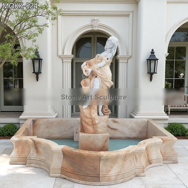 Marble Beige Fountain with Female Statue Holding Pot