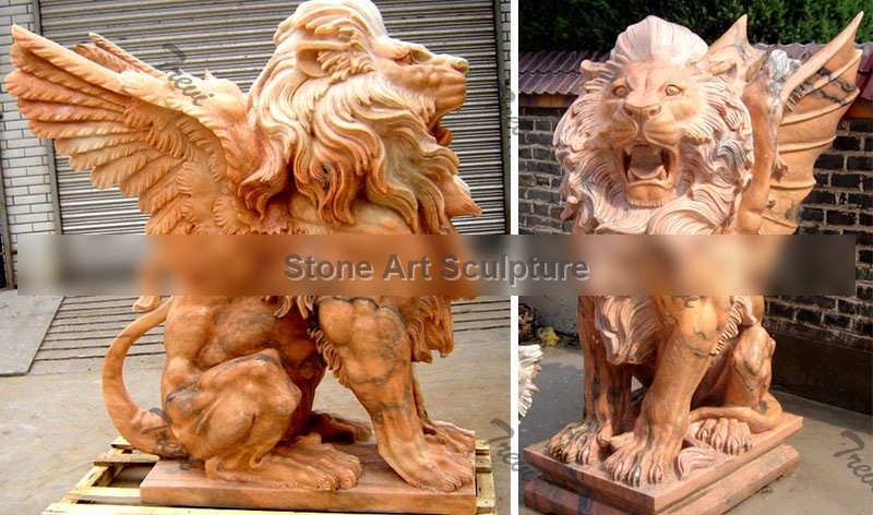 Outdoor Marble Winged Lion Statue Gargoyle Garden In Front of House TMA-25 detail image