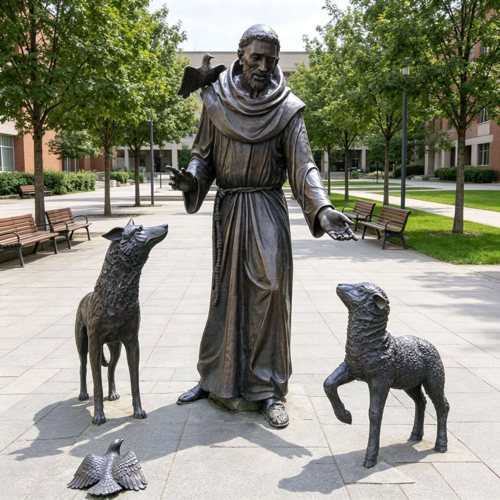 Bronze Saint Francis of Assisi Statue with Animals, Religious Garden Sculpture-SAS-21514