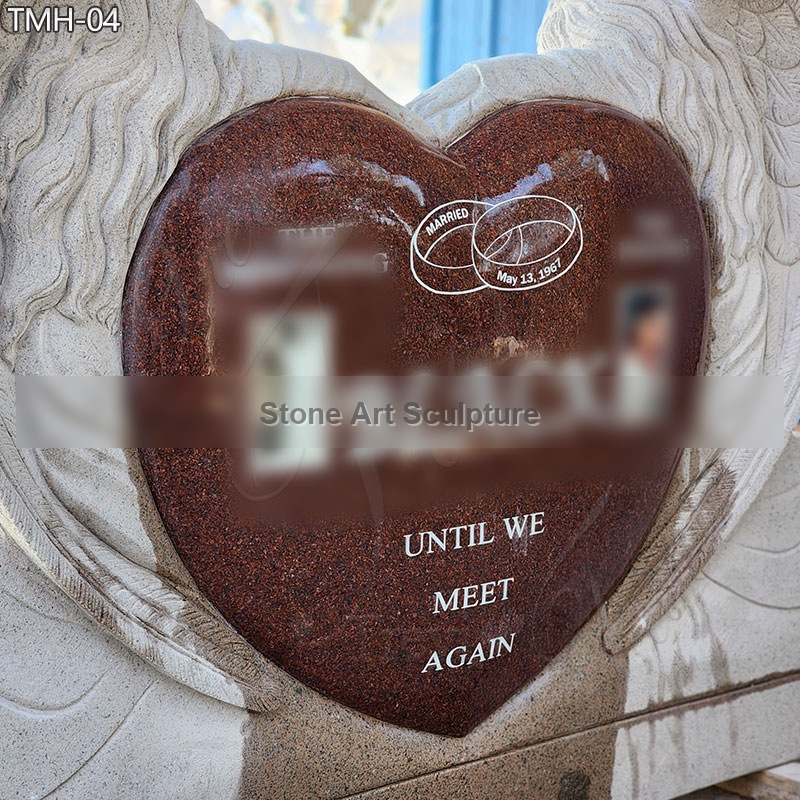 Heart Shape Red Marble Headstone with Two Angel Statue detail image