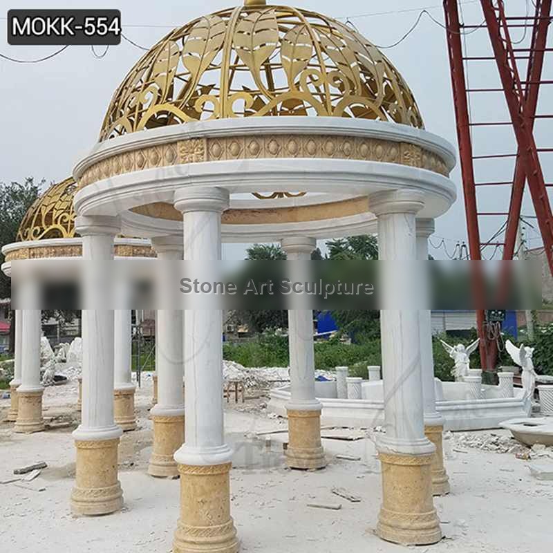 Beautiful Large White Marble Pillar Pavilion with Yellow Iron Top Supplier MOKK-554
