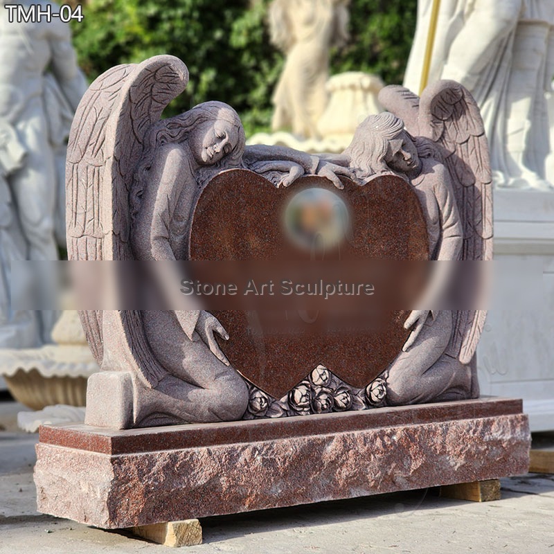 Heart Shape Red Marble Headstone with Two Angel Statue detail image
