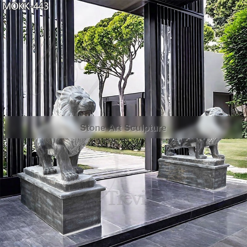 Pair of Standing Black Lion Statues In Front of House for Sale MOKK-443
