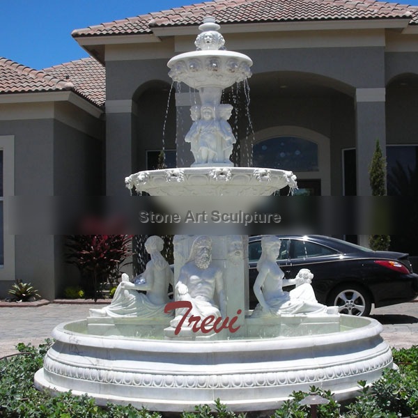 Three tiers marble water fountain with lady statues and lion face for outdoor garden decoration MOKK-86 detail image