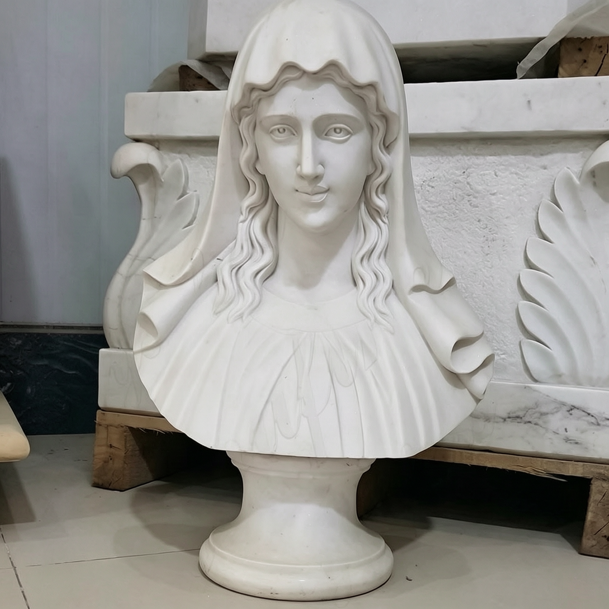 White Marble Virgin Mary Bust for Sale TCH-250 detail image