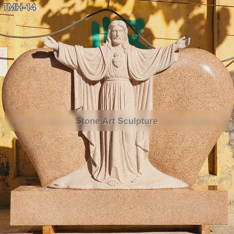 Red Granite Jesus Statue Heart-Shaped Tombstone TMH-14 detail image