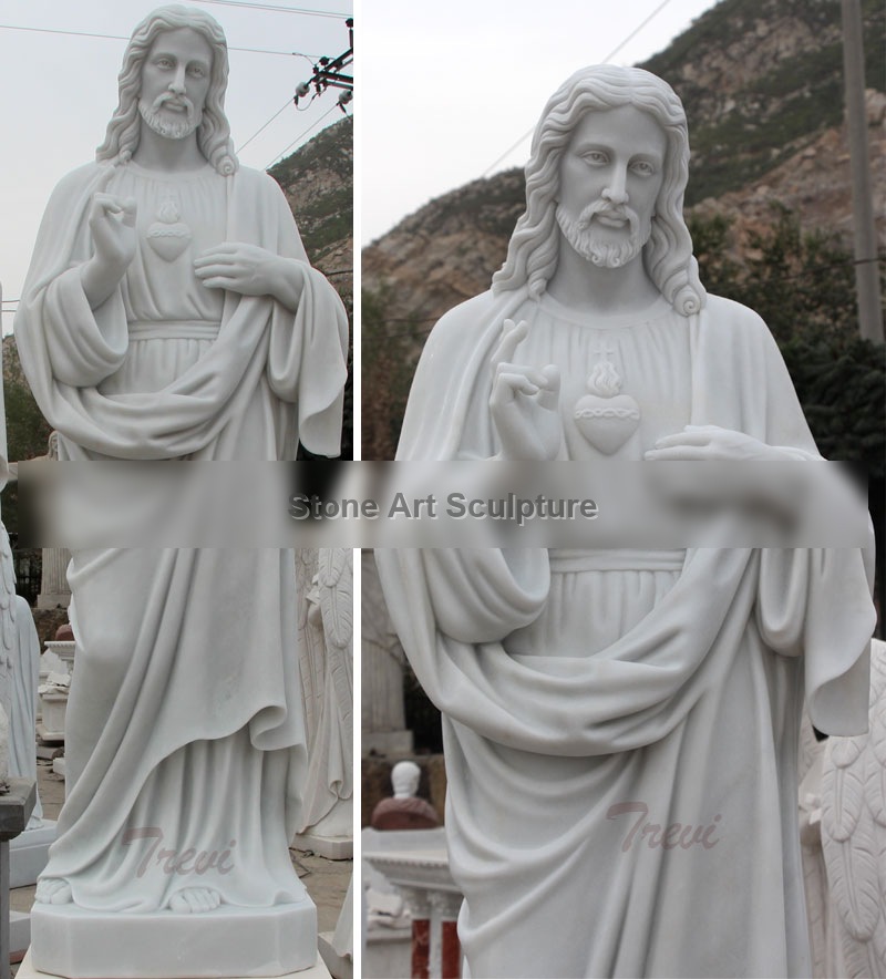 Life size sacred heart of jesus christ and mary white marble sculpture factory directly supply TCH-09 detail image