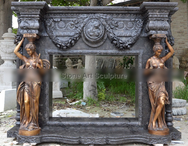 Antique black carved marble tile luxury fireplace mantel shelf designs for sale TMFP-7 detail image