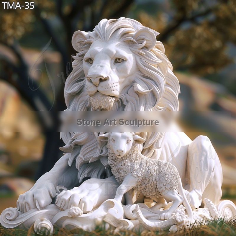 Large Marble Lion and Lamb Statues Outdoor Garden Decor TMA-35