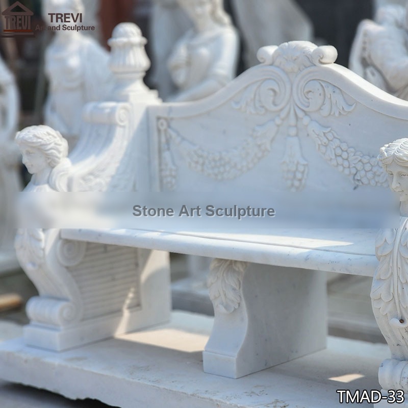 White Garden Bench with Hand Carved Caryatids detail image