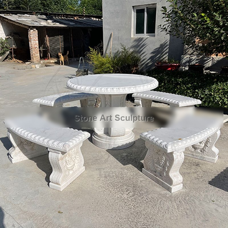 White Marble Table and Bench Outdoor Garden Decoration TAMD-10 detail image