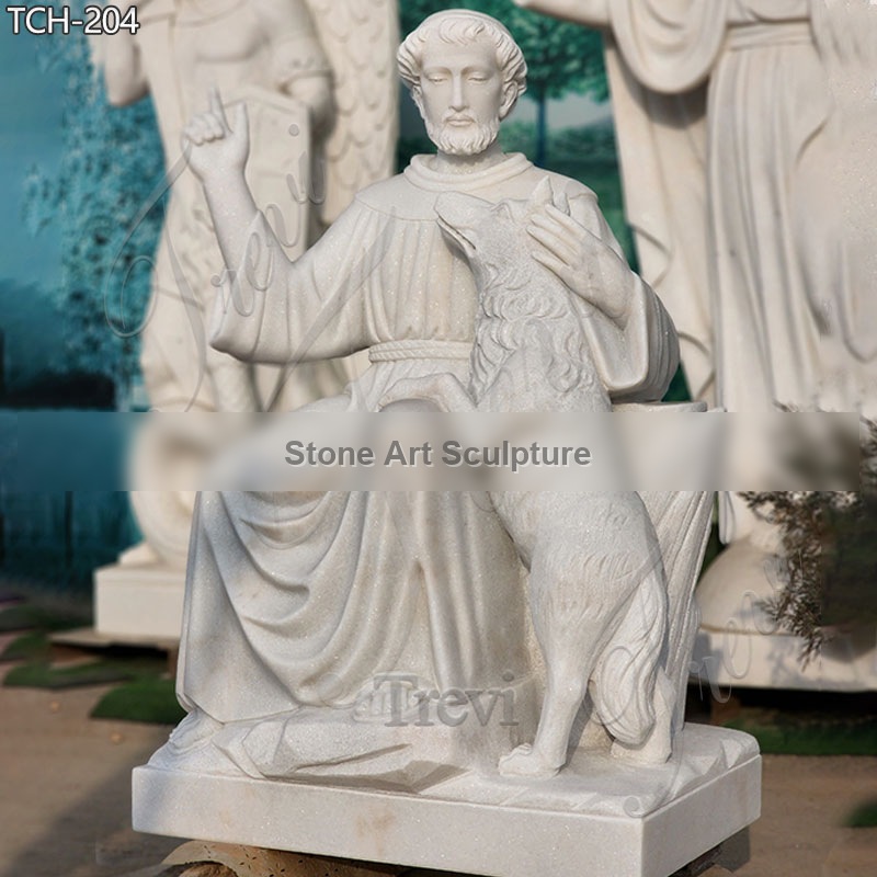 Marble Saint St. Francis of Assisi Statue with Wolf for Sale TCH-204