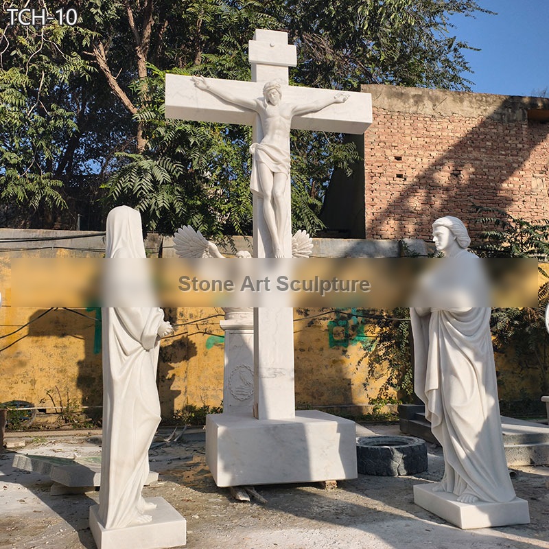 Marble Crucifixion Scene with Virgin Mary and Saint John detail image